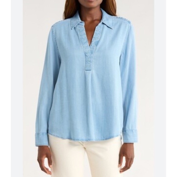 Tommy Bahama Tops - Tommy Bahama Top XS Chambray Embroidered Tunic Blue Long Sleeve Casual Shirt